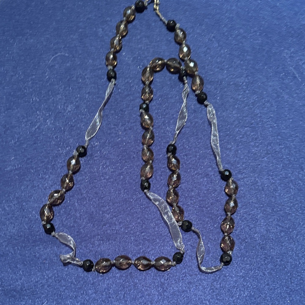 Elegant Smoky Brown Bead Necklace with jet beads and ribbon